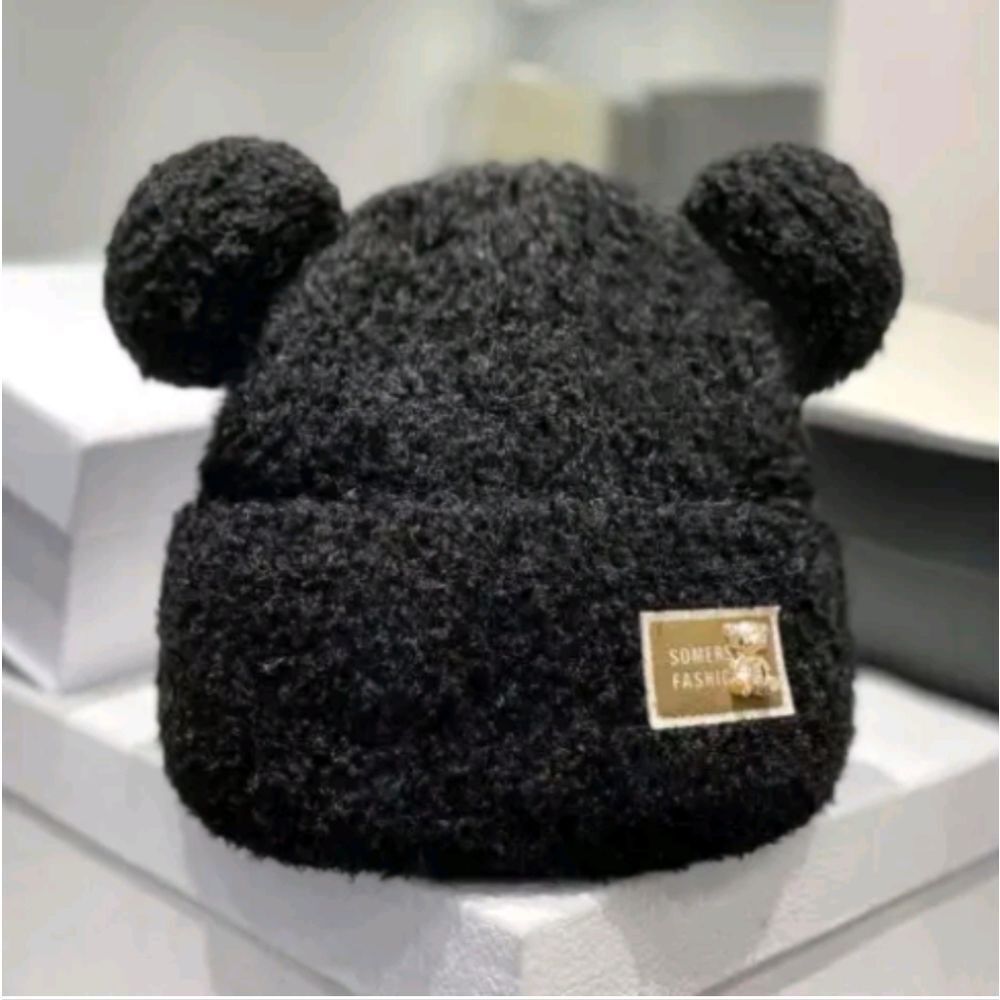 Cute Plush Bear Ear Beanie Hat Women Winter Knit Warm Bonnet Caps Skull Cap